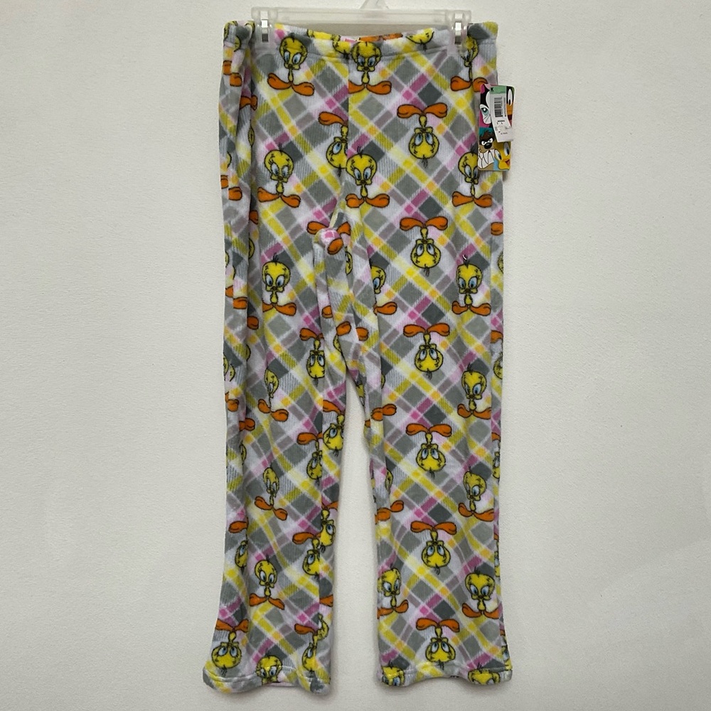 NWT Warner Brothers Yellow, Grey Plaid Tweety Bird Plush Pajama Pants Size Large